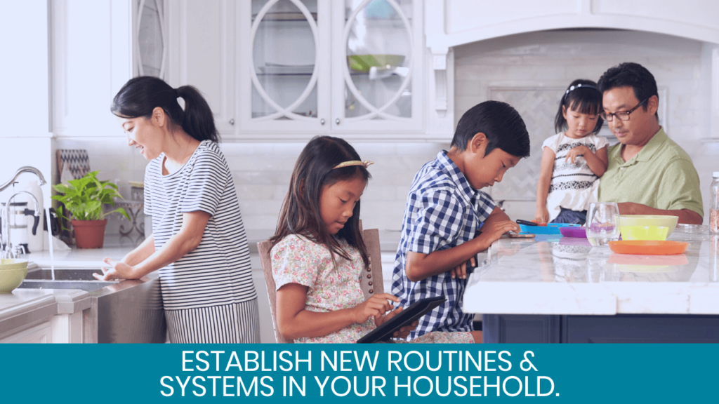 Family in the kitchen, kids studying