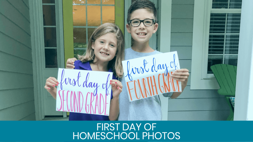 Kids holding first day of homeschool sign